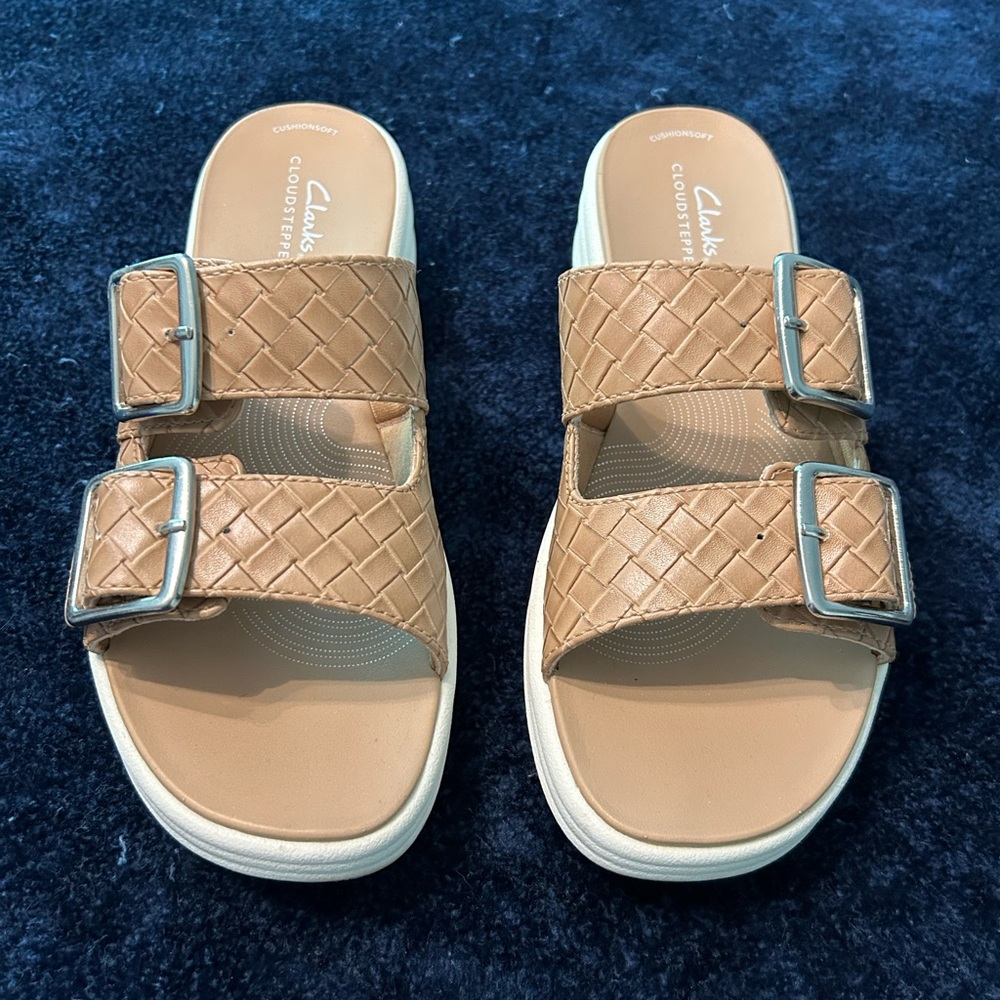 Clarks Tan Woven Slide Sandals